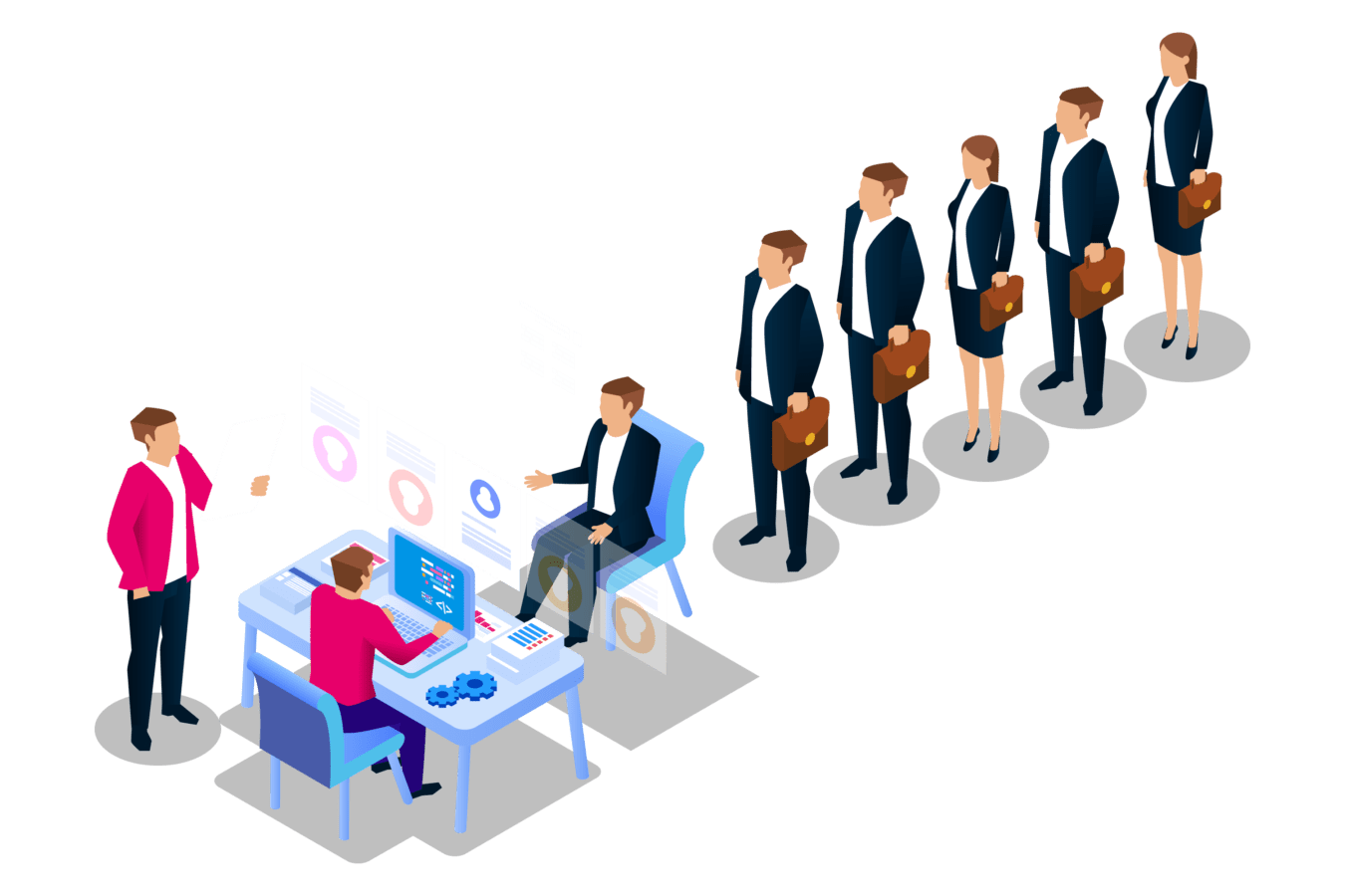 Illustration of a queue of business people waiting to speak to a man sitting at his desk with a computer