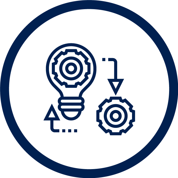 Dark blue icon of idea bulb to cog process in a circle