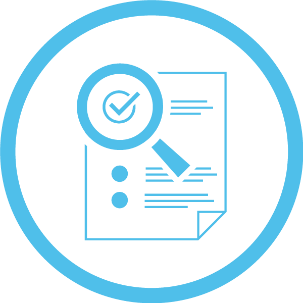 light blue circle with document being looked at in detail with a magnifying glass