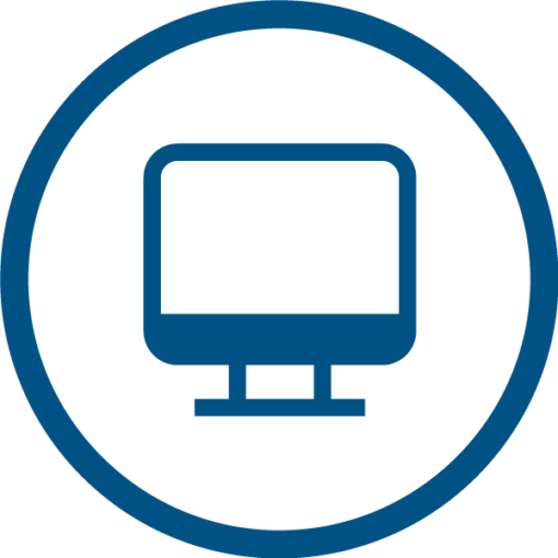 A blue image of a computer screen inside a blue circle.