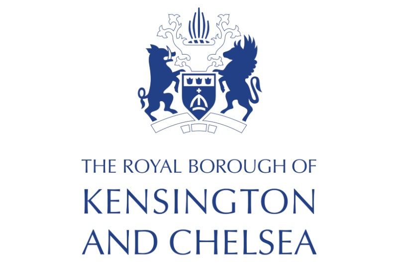 Logo for The Royal Borough of Kensington And Chelsea with an image of a shield with a boar and a unicorn