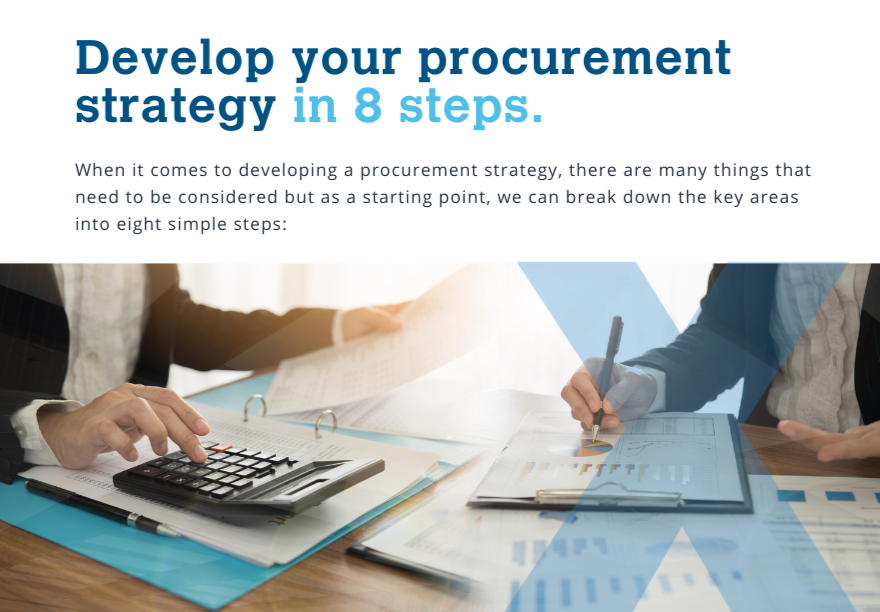 Develop your procurement strategy in 8 stages header with close up of two business people working on a business plan