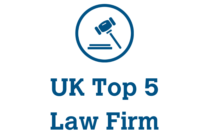 Icon of gavel in circle with words UK top 5 law firm