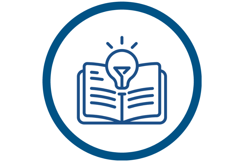 Mid blue book and light bulb icon
