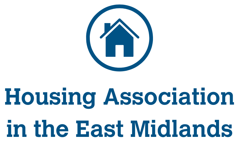 Blue icon of small house in circle with words Housing Association in the East Midlands