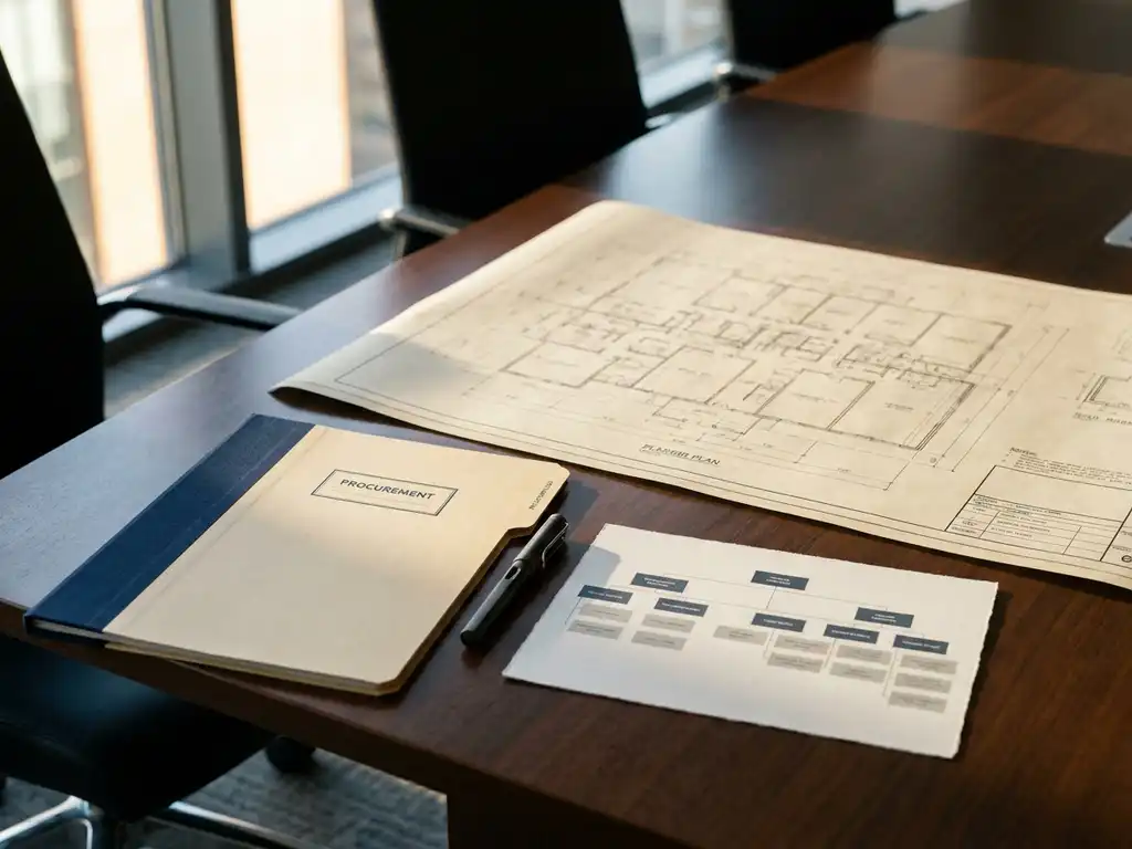 Architectural blueprint on a conference table beside a procurement folder, fountain pen, and organizational chart in warm natural light.