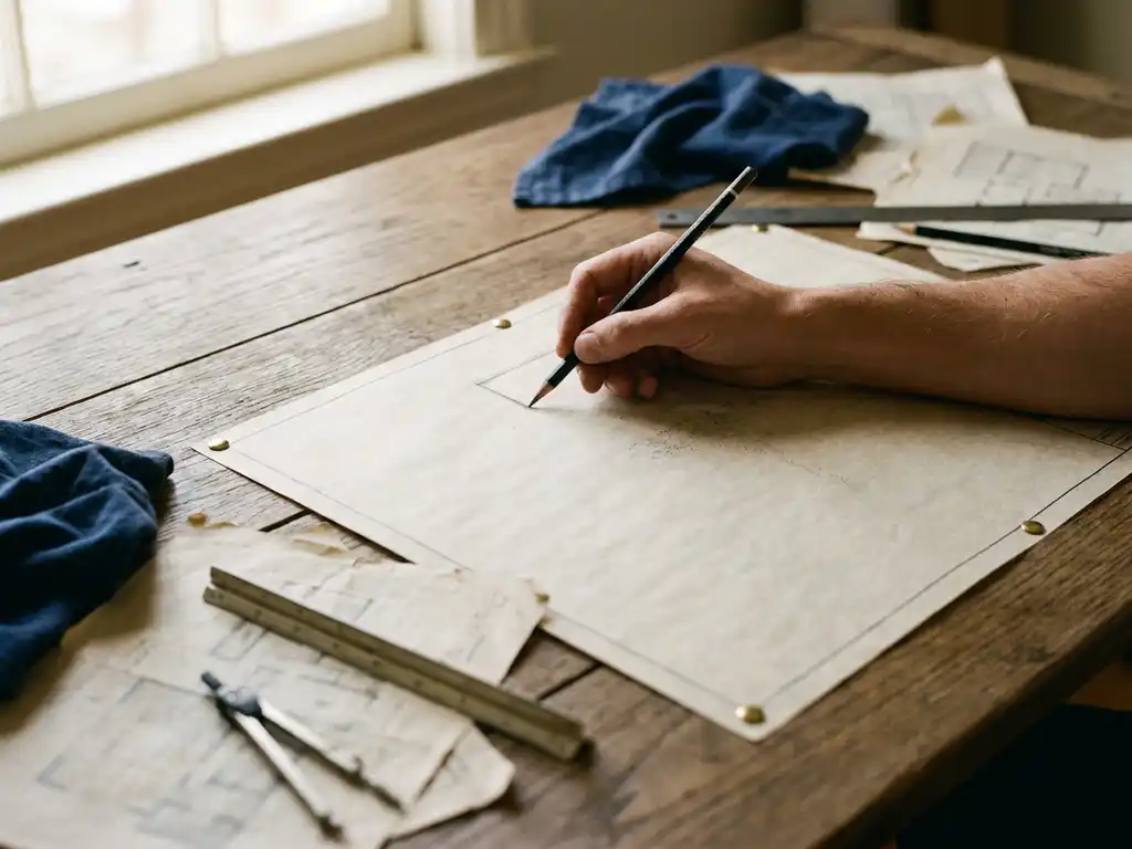 Hand drawing the first pencil mark on a blank architectural blueprint pinned to an oak desk, with a ruler and reference documents nearby.
