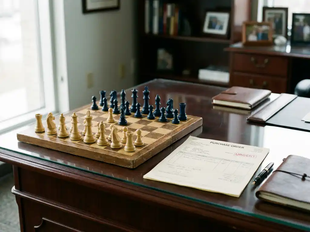 Chessboard mid-game next to a purchase order on a boardroom desk, symbolizing strategic planning versus transactional decision-making.