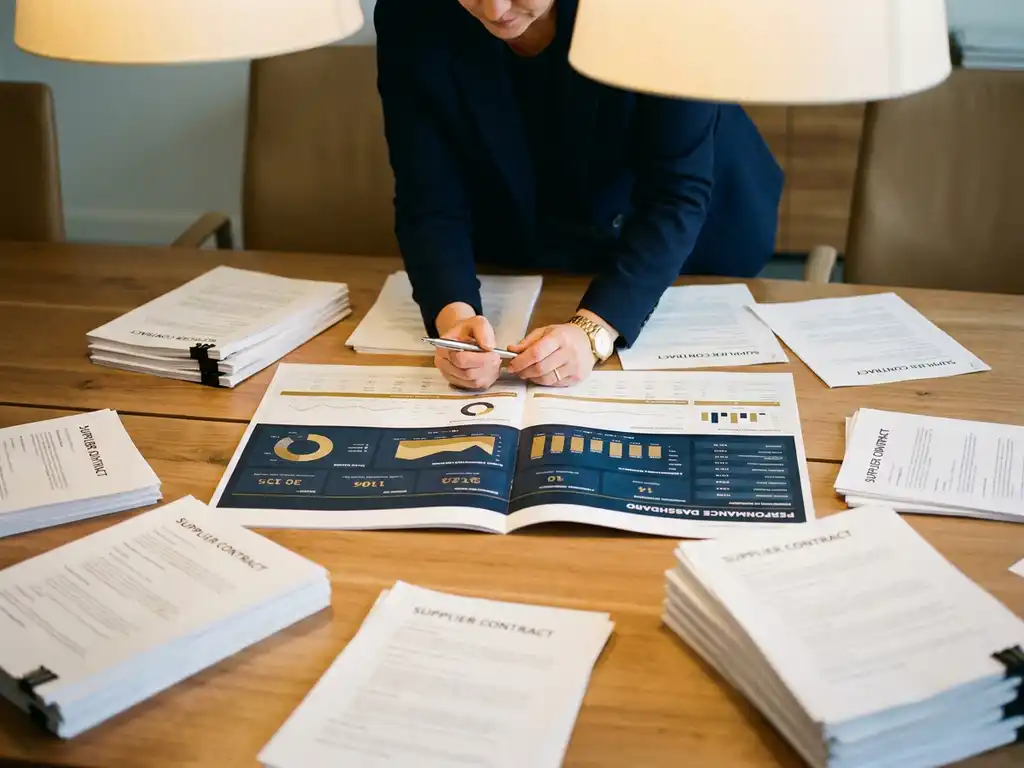 Chief Procurement Officer reviewing a printed performance dashboard on a boardroom table surrounded by supplier contracts and a pen.