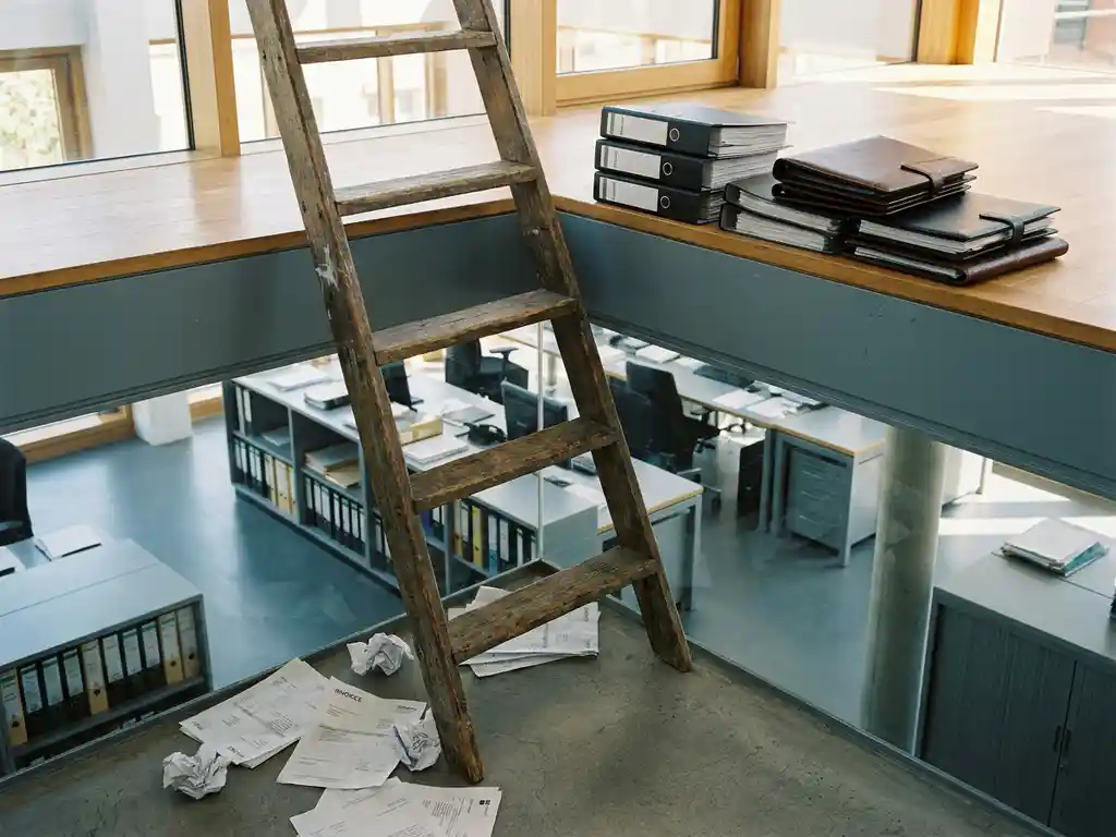Worn wooden ladder rising through corporate office floors, from scattered invoices at base to polished contract binders at top, lit by natural window light.