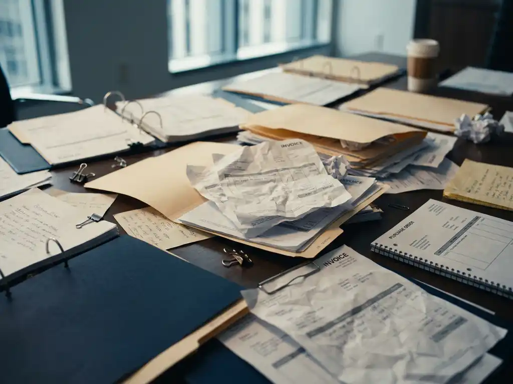 Tangled paper invoices, duplicate purchase orders, and supplier folders scattered across a corporate boardroom table in disorganized chaos.
