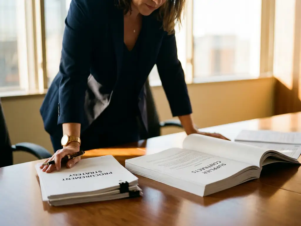 Finance Director reviewing a procurement strategy document at a boardroom table with supplier contracts and a fountain pen in warm afternoon light.