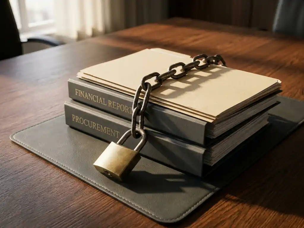 Heavy iron chain with ajar padlock wrapped around stacked financial reports and procurement folders on a polished boardroom table.