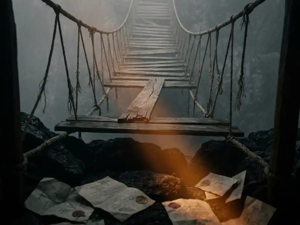 Fraying rope bridge over a dark chasm with a cracked central plank, supplier contracts scattered at the edge, bathed in amber warning light.