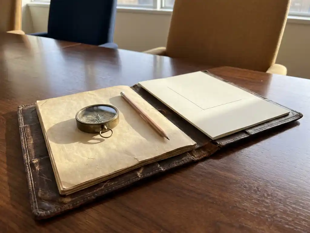 Worn leather strategy binder open on a boardroom table with a vintage compass and sharpened pencil in warm natural light.