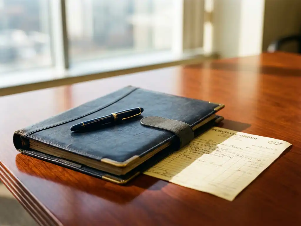 Leather-bound contract folder and purchase order receipt on a mahogany boardroom desk, fountain pen resting across the folder in warm office light.