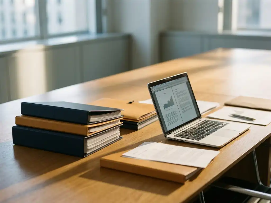 Polished oak boardroom table with stacked procurement folders and binders on one side, open laptop with scattered documents on the other, lit by soft window light.