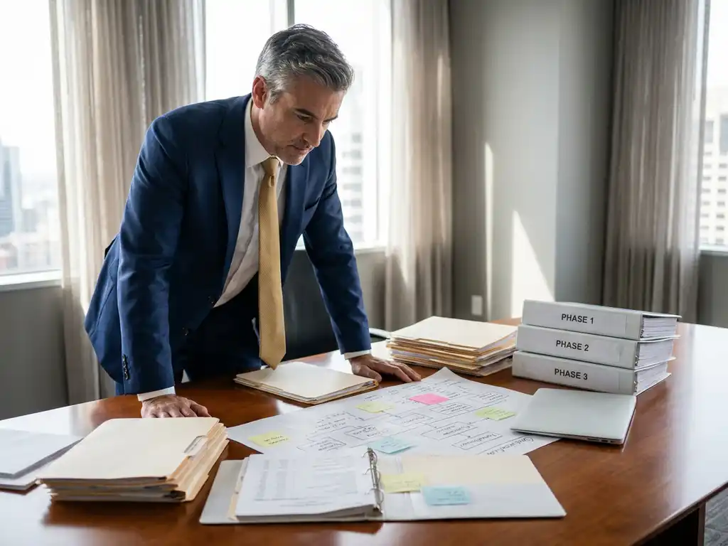Business professional in navy attire reviewing an organisational chart on a boardroom table with layered documents and a laptop nearby.