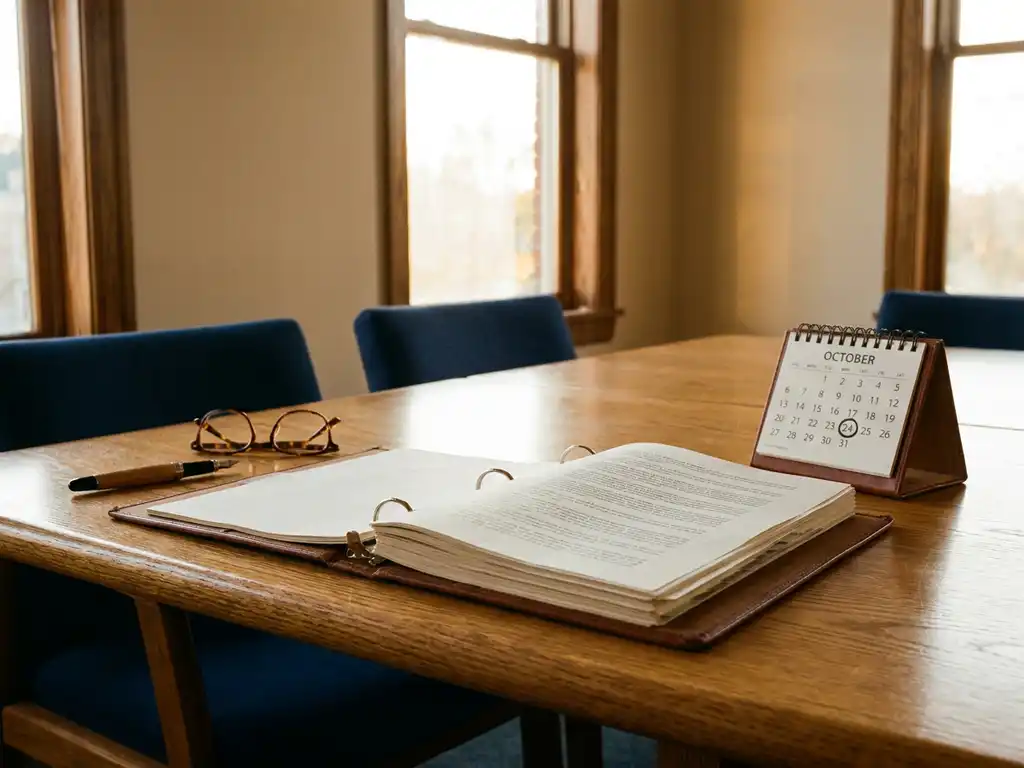 Open policy binder on oak boardroom table with fountain pen, reading glasses, and calendar marking a review date in warm amber light.