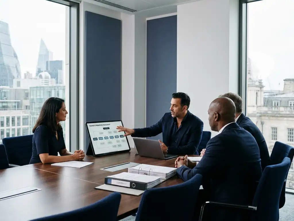 Procurement consultant presenting a transformation roadmap to senior stakeholders in a London boardroom with contract binders and laptop on the table.