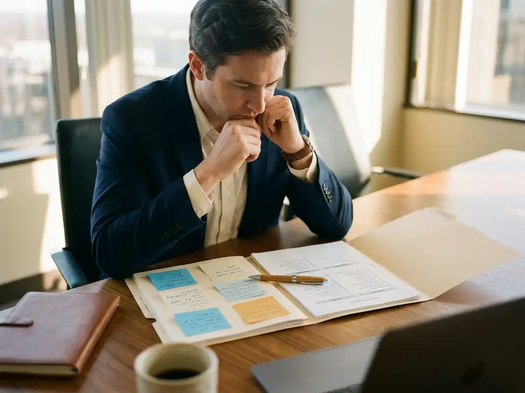 Procurement consultant comparing handwritten sticky-note folder with printed checklist folder on a conference table, pen resting across both.