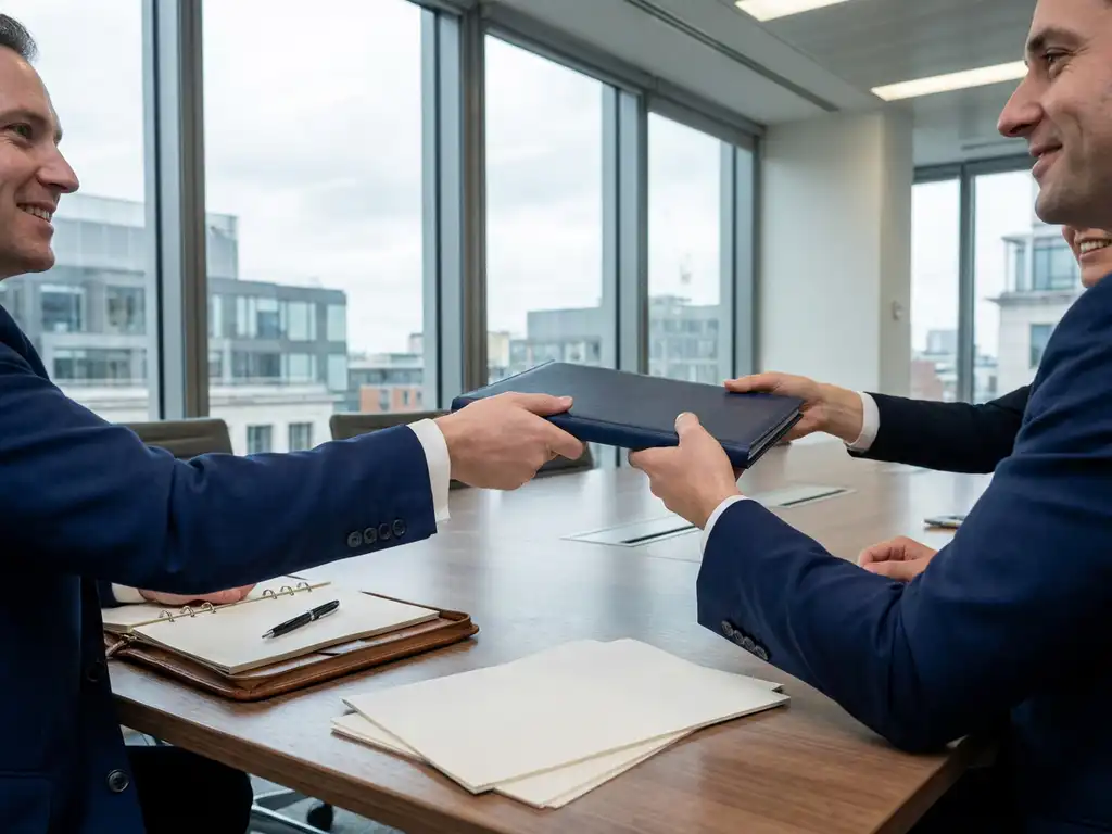Procurement consultant handing a bound contract folder to a client across a polished conference table in a modern London office.