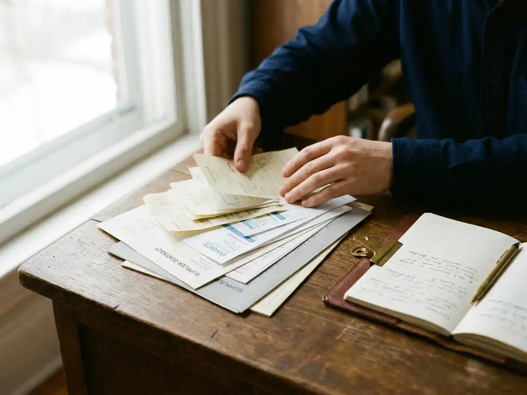 Procurement consultant sorting receipts, invoices, and supplier contracts on a dark oak desk beside an open leather notebook.