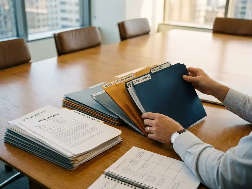 Procurement consultant organizing color-coded folders on oak boardroom table beside fanned supplier contracts, spend reports, and open grid notebook.