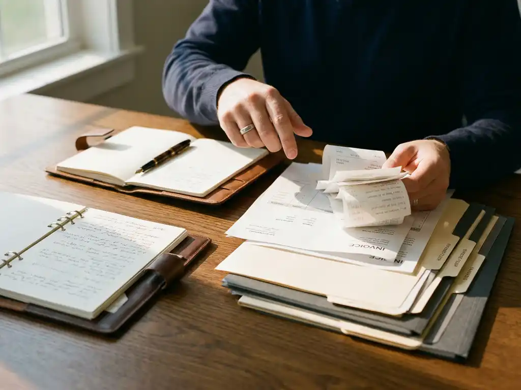 Procurement consultant sorting supplier invoices and receipts on an oak desk beside an open leather notebook and organized expense folders.