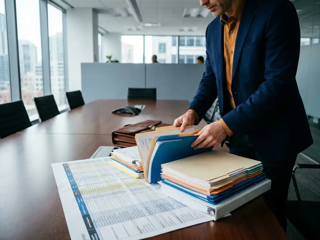 Procurement consultant organizing color-coded supplier contract folders on a boardroom table with spend category spreadsheet printout visible beneath.