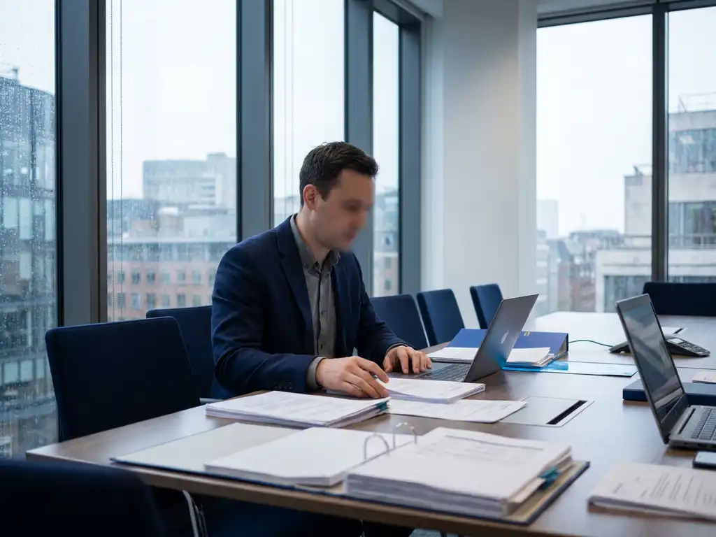 Procurement consultant reviewing supplier contracts and spreadsheets on a conference table beside an open laptop in a modern London office.