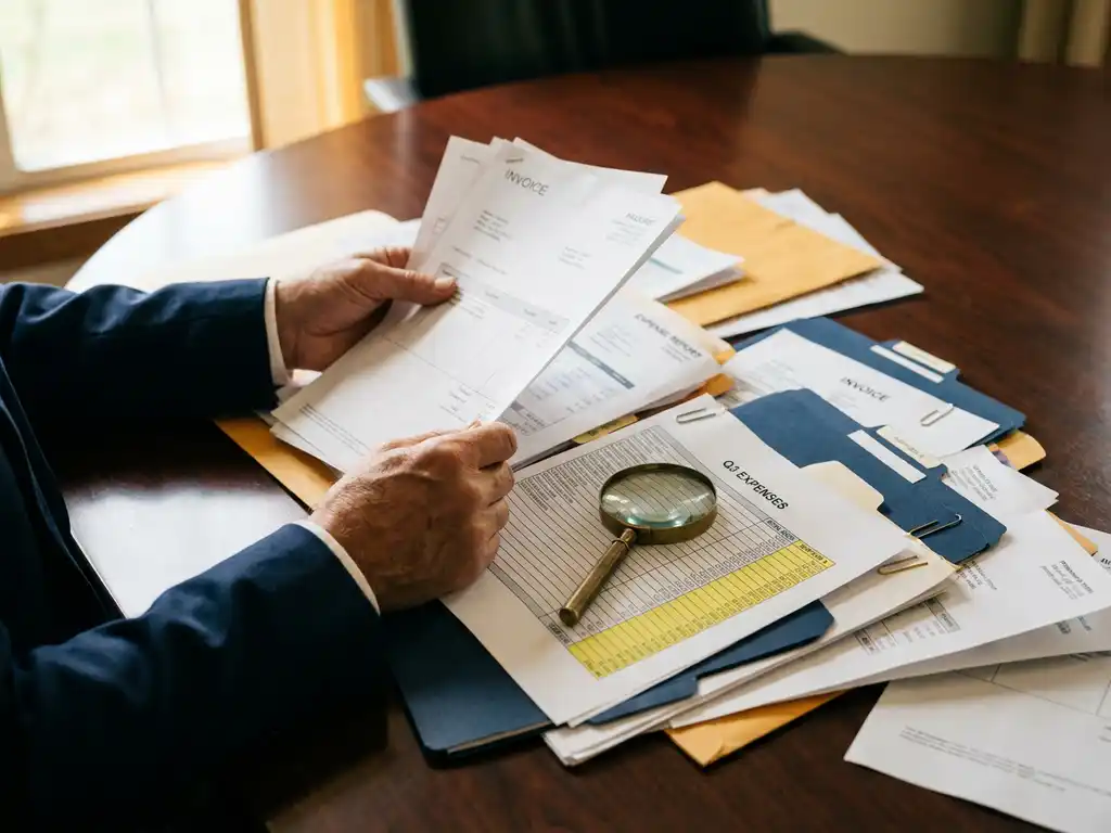 Procurement consultant reviewing supplier invoices and cost reports on a conference table, with a magnifying glass highlighting an expense column.