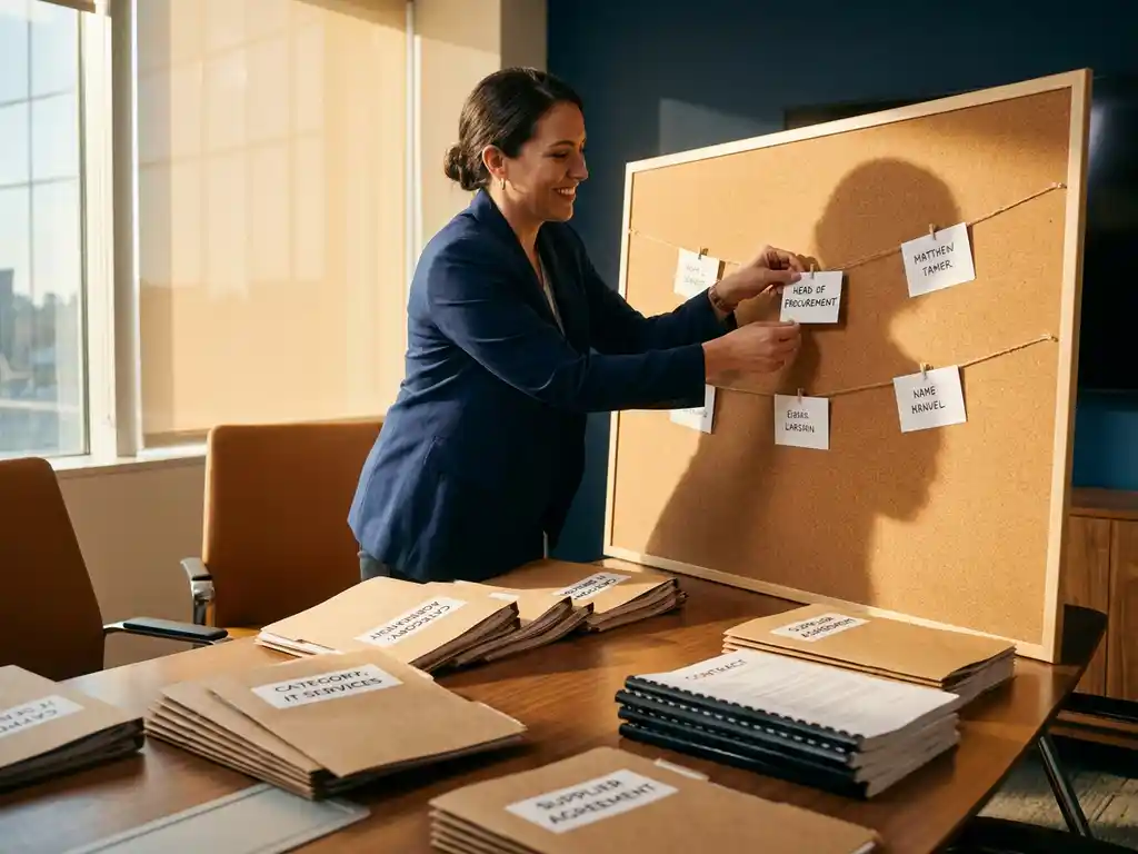Procurement consultant organizing a supplier org chart with name cards and strings on a cork board, surrounded by contracts and category folders.