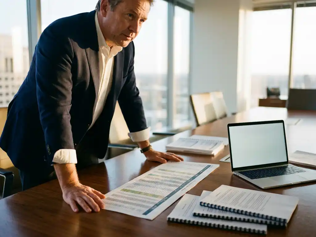 Procurement consultant reviewing a printed supplier performance scorecard on a conference table alongside contracts and a laptop in a sunlit office.