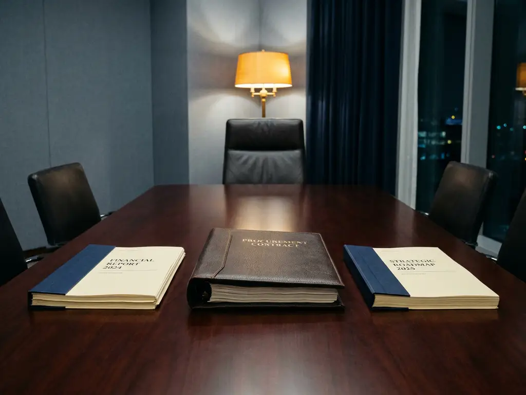 Procurement contract folder centered on mahogany boardroom table between financial report and strategic roadmap, lit by warm amber lamp.