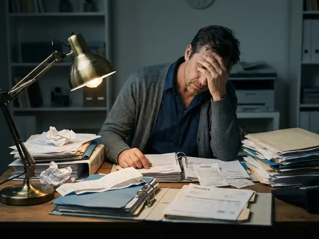 Frustrated procurement manager hunched over a cluttered desk buried in disorganized invoices, receipts, and supplier folders under dim lamplight.