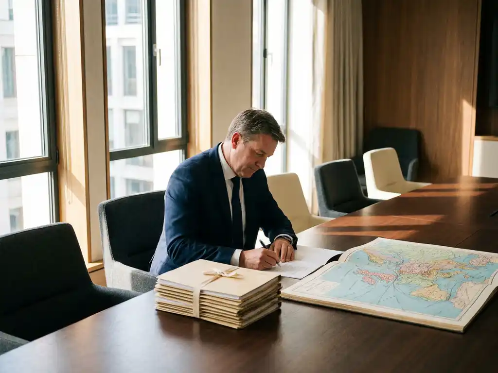 Procurement manager reviewing a supplier contract at a conference table with vendor folders and a logistics route map, natural office light.