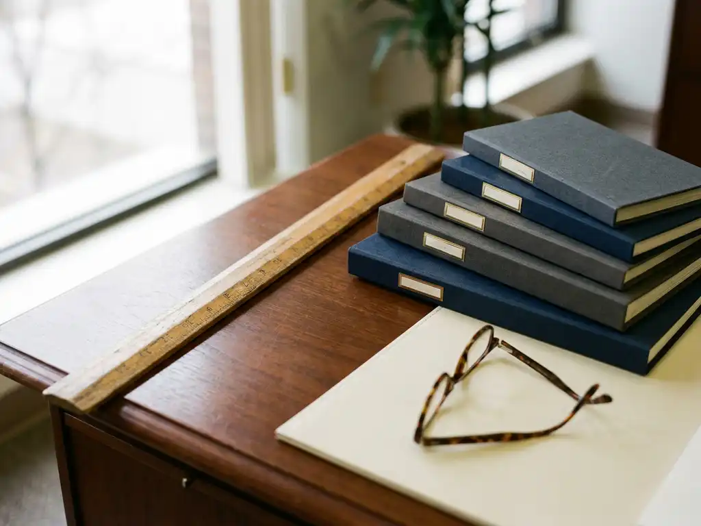 Worn wooden ruler resting on a corporate desk beside procurement folders stacked in ascending height, with reading glasses nearby.