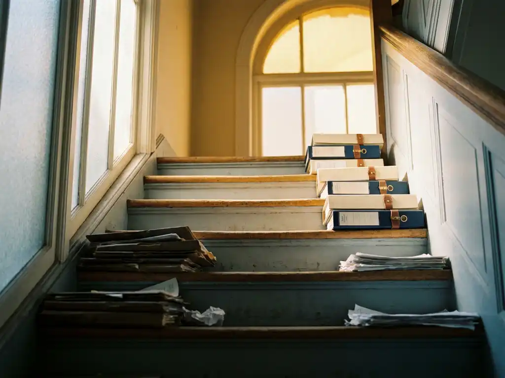 Worn wooden staircase in a procurement office with contract folders ascending toward warm golden light, symbolizing supplier document refinement.