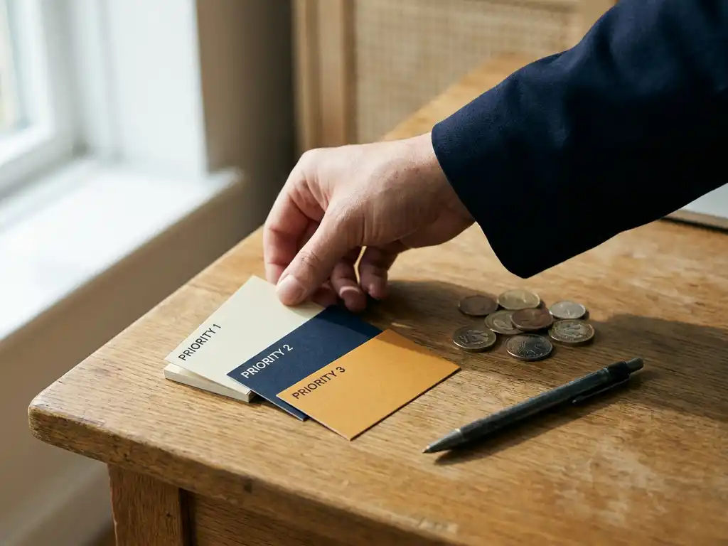 Procurement consultant arranging colorful priority cards on an oak desk beside a small stack of coins and a pen.