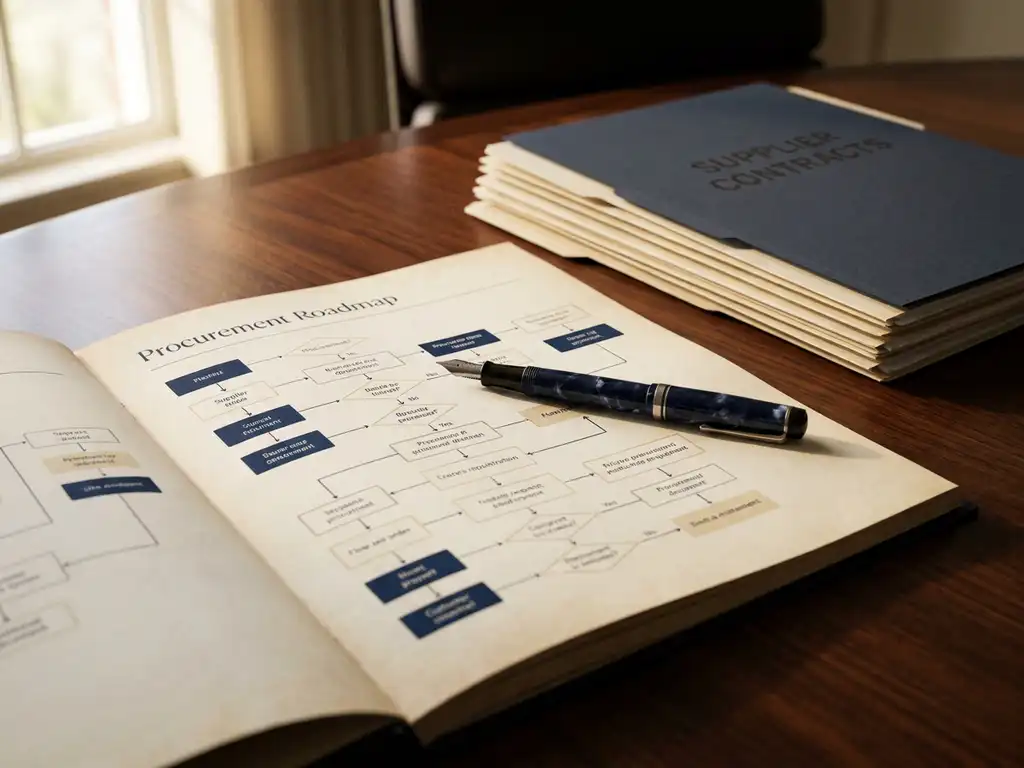 Procurement roadmap document on a boardroom table with a fountain pen resting across it and blurred supplier contracts folder behind.