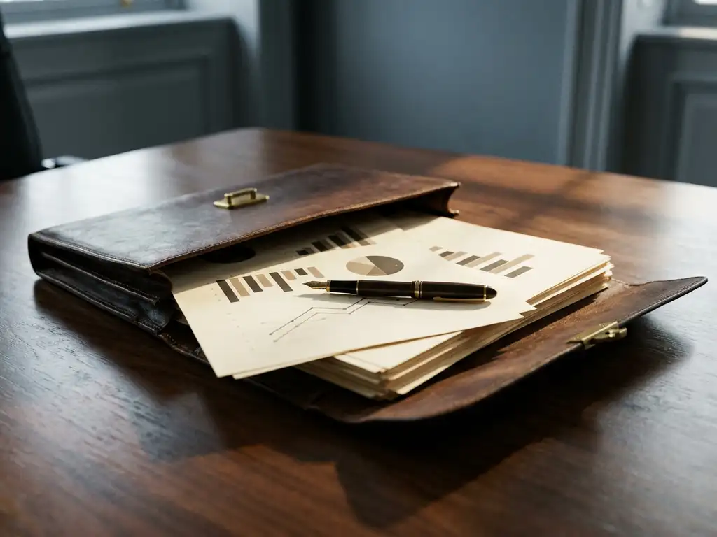 Open leather portfolio with procurement spend charts and fountain pen on polished mahogany boardroom table.