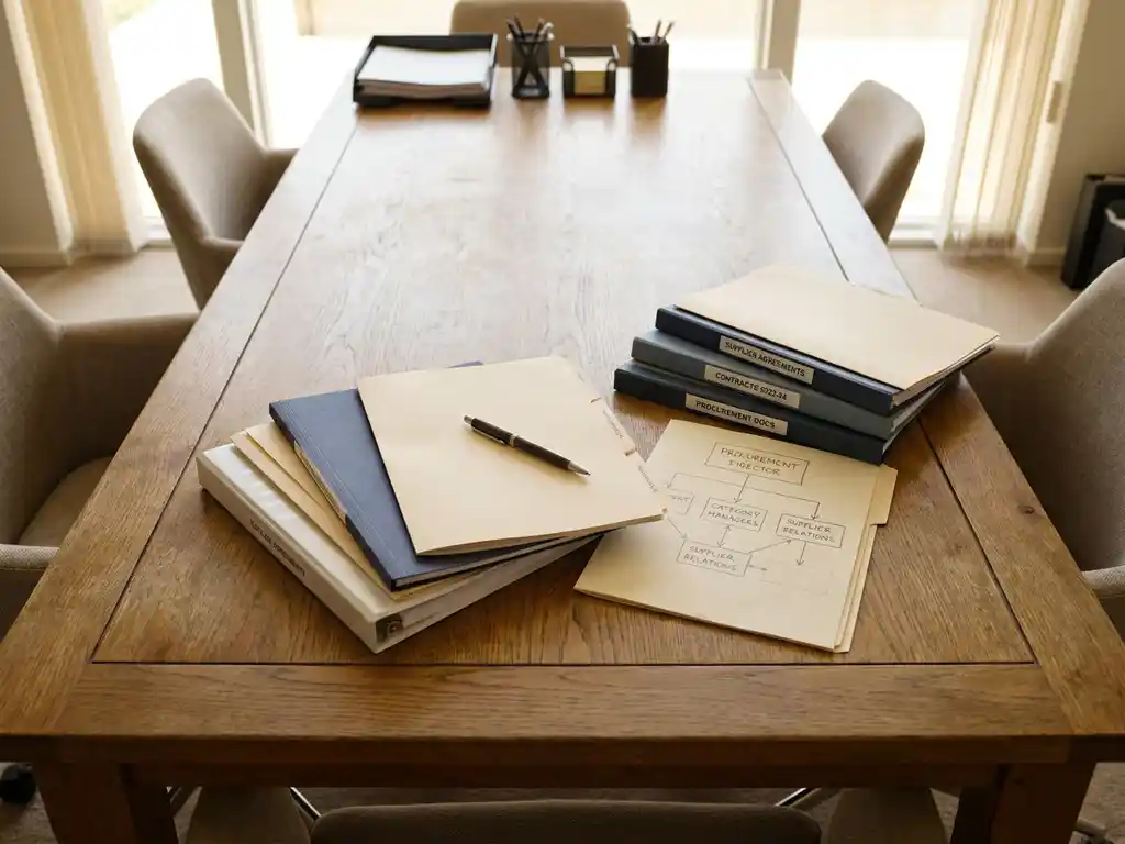 Oak conference table with supplier contracts, organizational flowchart, and pen arranged in a procurement workspace bathed in warm natural light.