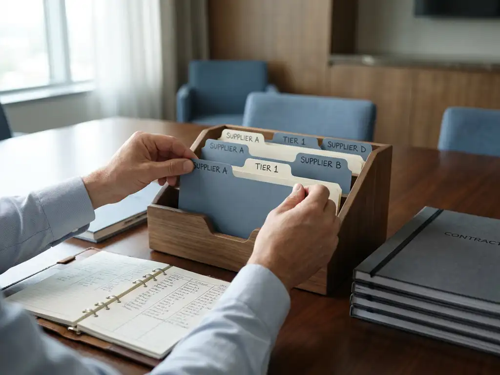 Procurement consultant organizing labeled folder tabs into a tiered supplier system on a boardroom table with stacked contracts and a structured notebook.