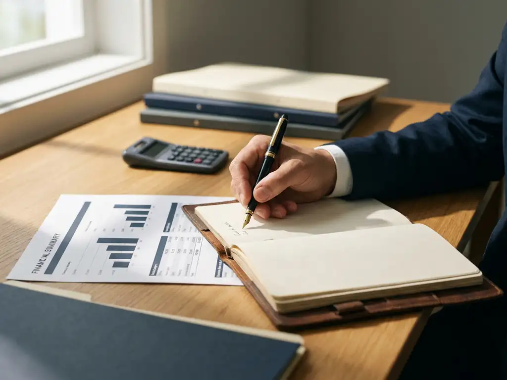 Professional hand writing in leather notebook beside financial summary document on oak desk, with calculator and folders in background.