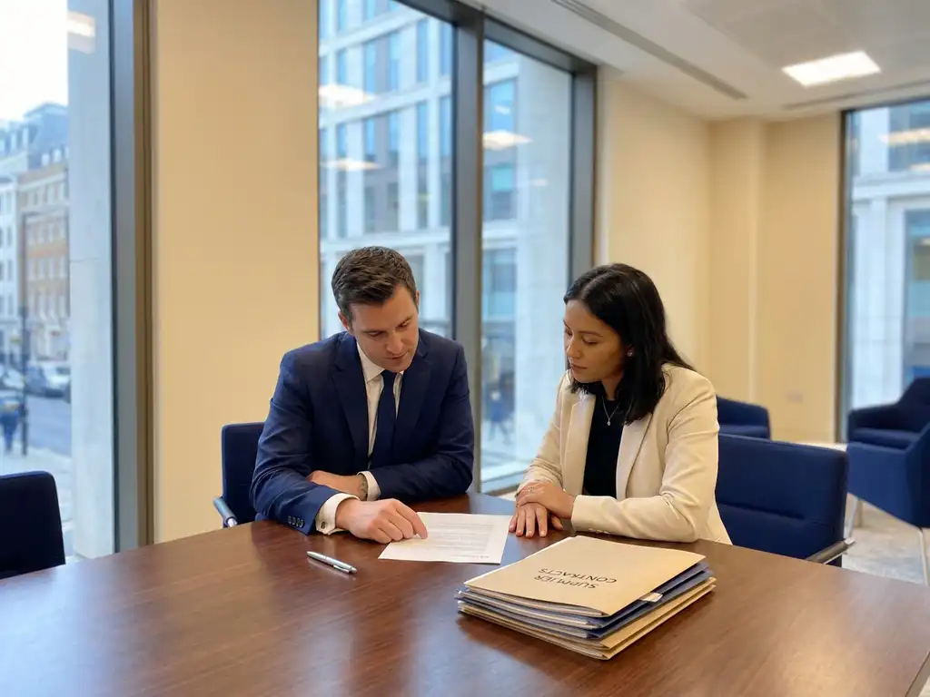 Two professionals in business attire reviewing a contract document across a conference table with supplier folders and a pen nearby, UK office setting.