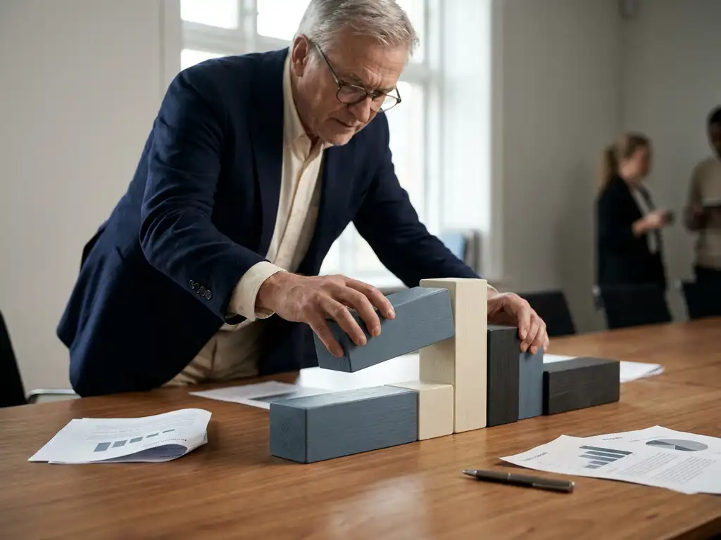 Senior consultant arranging interlocking modular blocks on a boardroom table, representing operational layers, with printed documents and a sleek pen nearby.