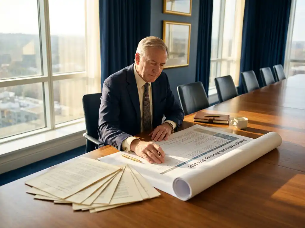 Senior consultant reviewing a long-term supplier partnership roadmap on a boardroom table, replacing scattered purchase orders, in warm natural light.