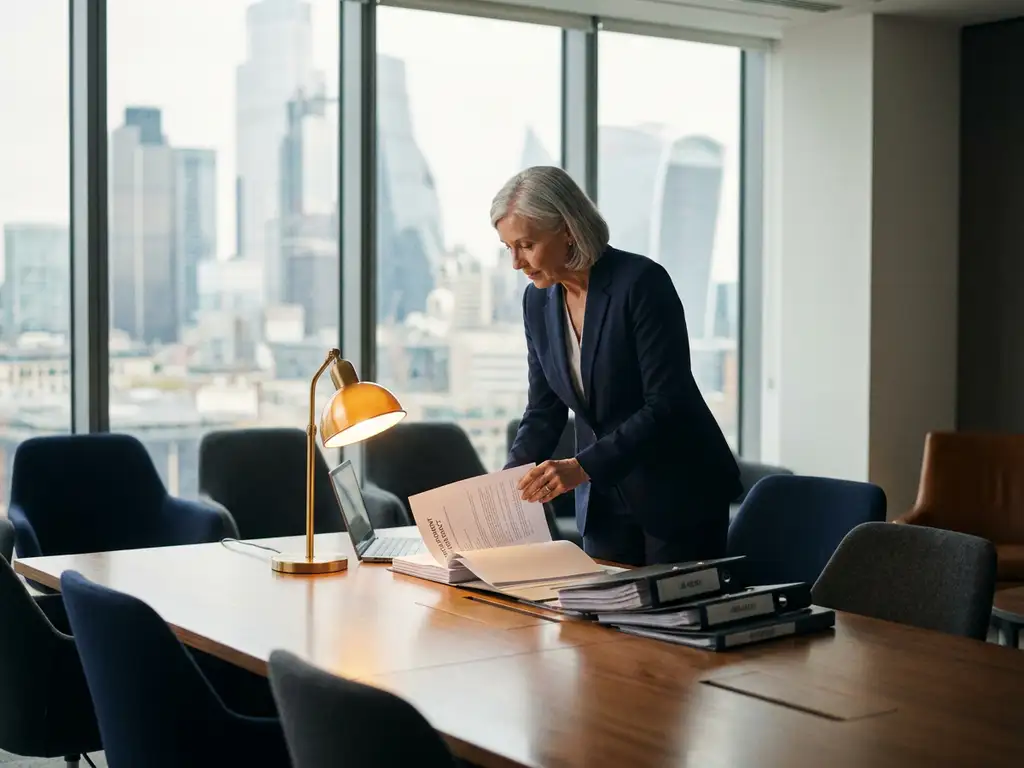 Senior executive reviewing a procurement contract document at a London boardroom table with supplier folders and laptop nearby.