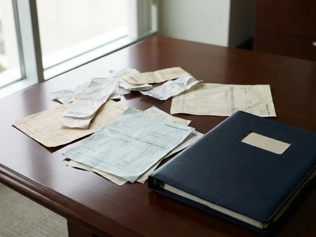 Scattered receipts and small invoices on a corporate desk beside a thick bound contract folder in muted navy and parchment tones.